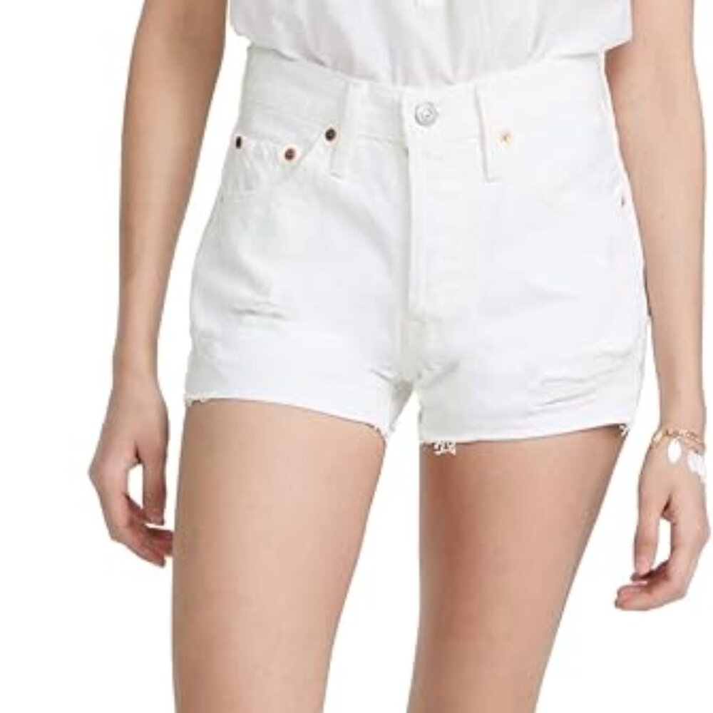 Levi's 501 Premium Shorts in Off-White Distressed - Size 24